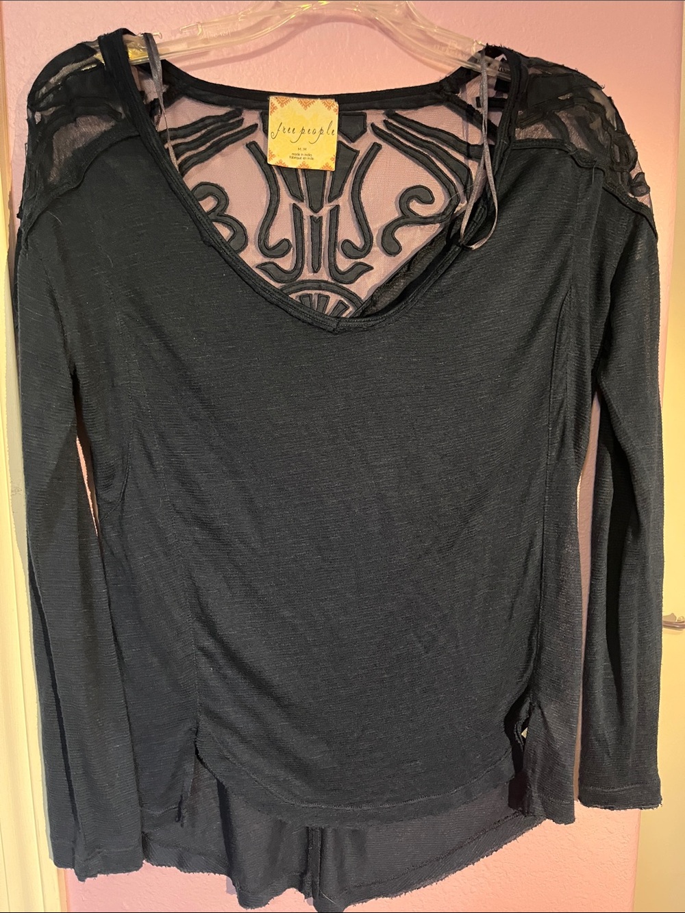 Free People dark teal blue Long Sleeve Top with Sheer Embroidered Yoke